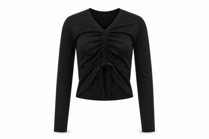 Monki Women's Black Cropped Ruched V-Neck Top, Size S