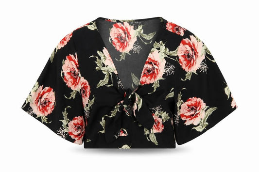 Front view of Miss Selfridge Women's Floral Kimono Black Top, size 8
