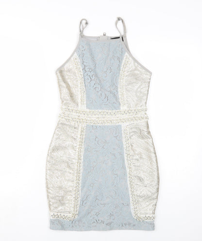PrettyLittleThing Women's Silver Halter Bodycon Dress Size 6