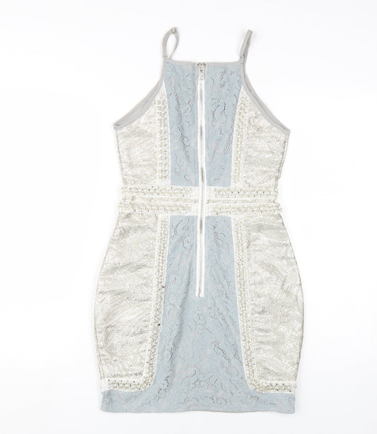 PrettyLittleThing Women's Silver Halter Bodycon Dress Size 6