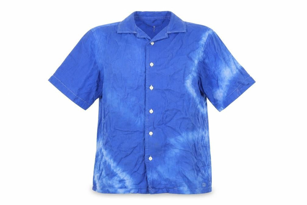 Front view of Jasper Conran Blue unisex linen button-up shirt, s, casual