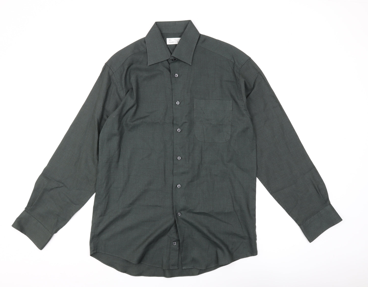 Marks and Spencer Men's Green Vintage Button-Up Shirt, Size 15