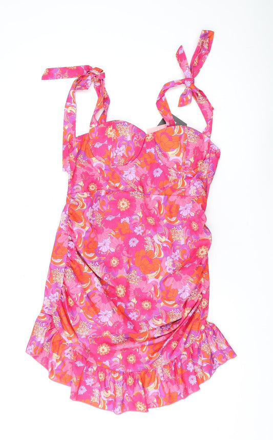 PrettyLittleThing Women's Pink Floral Mini Dress, Size 14