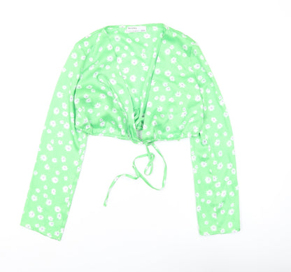 Bershka Women's Green Floral Crop Top XS