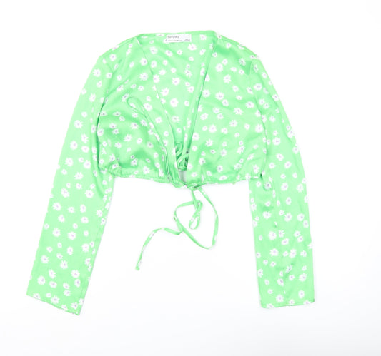 Bershka Women's Green Floral Crop Top XS