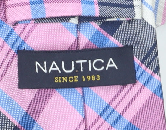 Nautica Men's Pink Blue Plaid Silk Slim Tie