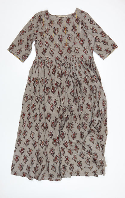 Swadesh Women's Brown Floral Midi A-Line Dress Size S