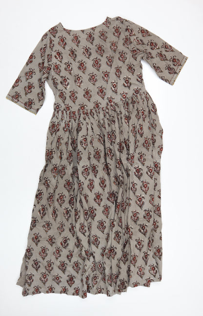 Swadesh Women's Brown Floral Midi A-Line Dress Size S
