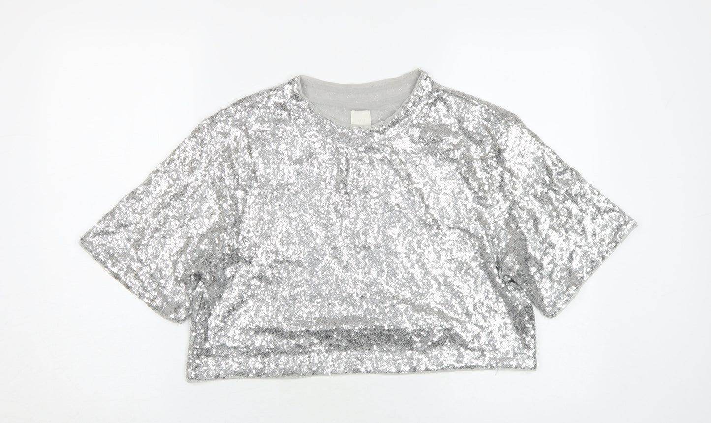 Womens UK Size M H&M Silver Cropped T-Shirt