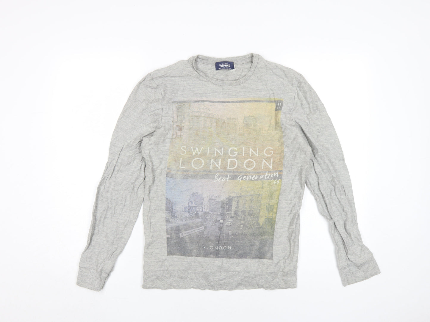 TOPMAN Men's Grey Graphic Long Sleeve T-Shirt - Size S