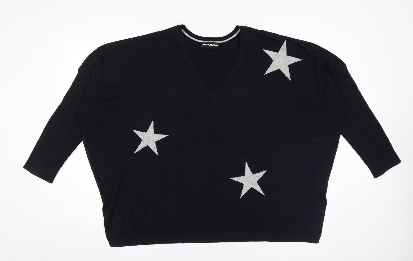 DKNY JEANS Women's Black Star Pullover Jumper V-Neck L