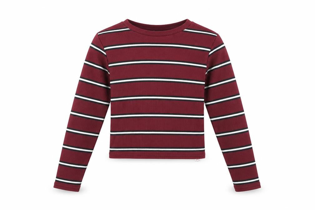 Front view of 915 Generation girls’ red cropped t-shirt, long sleeve, striped, 10-11y
