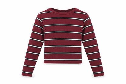 Front view of 915 Generation girls’ red cropped t-shirt, long sleeve, striped, 10-11y