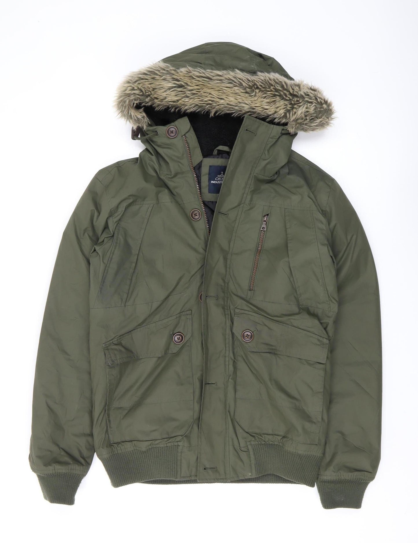 Mens UK Size S Industrialize Green Parka Coat