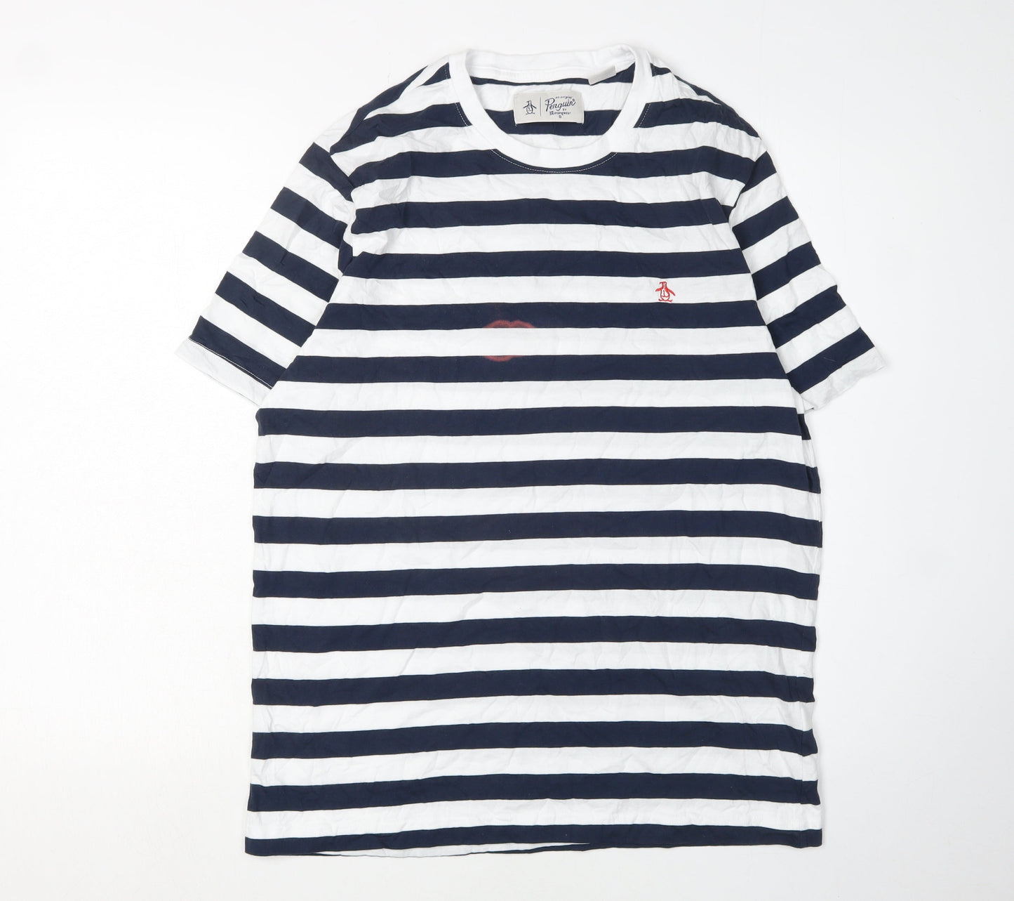 Penguin Men's Blue & White Striped T-Shirt, Size L