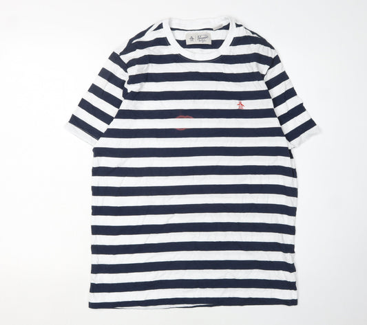 Penguin Men's Blue & White Striped T-Shirt, Size L
