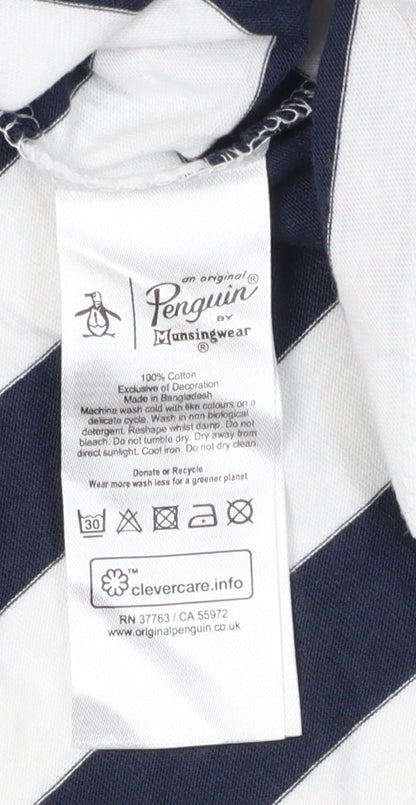 Penguin Men's Blue & White Striped T-Shirt, Size L