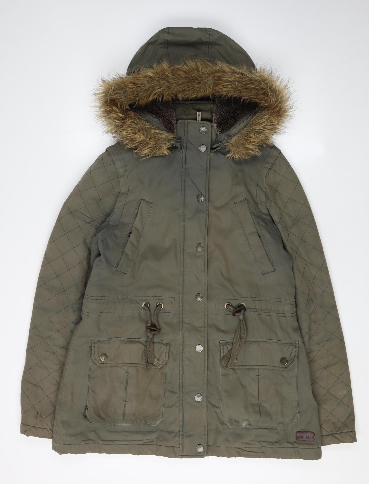 FatFace Women's Green Parka Jacket Size 10, Hooded & Fur Trim