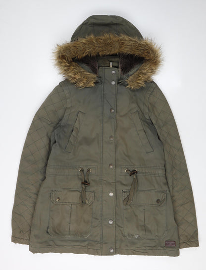 FatFace Women's Green Parka Jacket Size 10, Hooded & Fur Trim