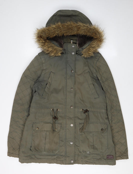 FatFace Women's Green Parka Jacket Size 10, Hooded & Fur Trim