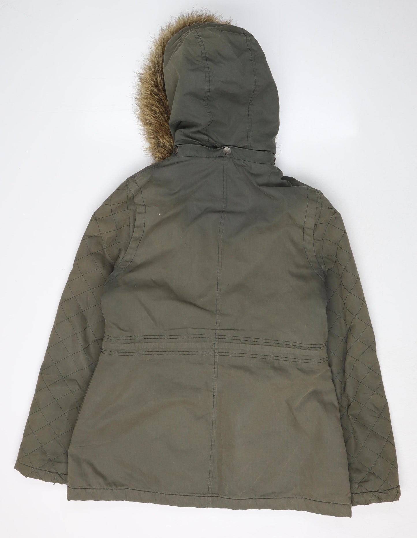 FatFace Women's Green Parka Jacket Size 10, Hooded & Fur Trim