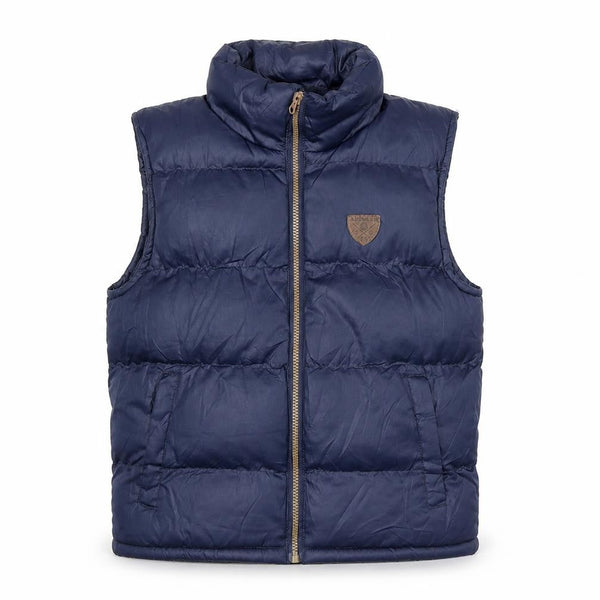 Front view of Airwalk unisex blue puffer waistcoat full zip, size 7/8