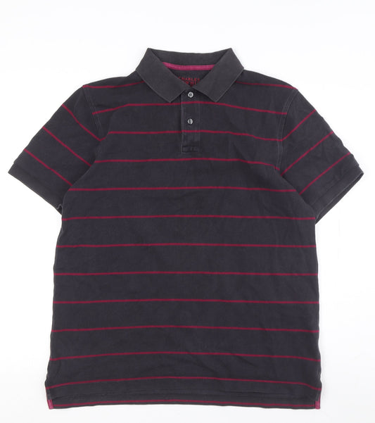 Charles Tyrwhitt Men's Black Striped Short Sleeve Polo M