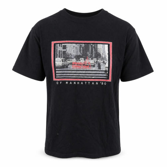 Front view of Moussy unisex black graphic print t-shirt one size