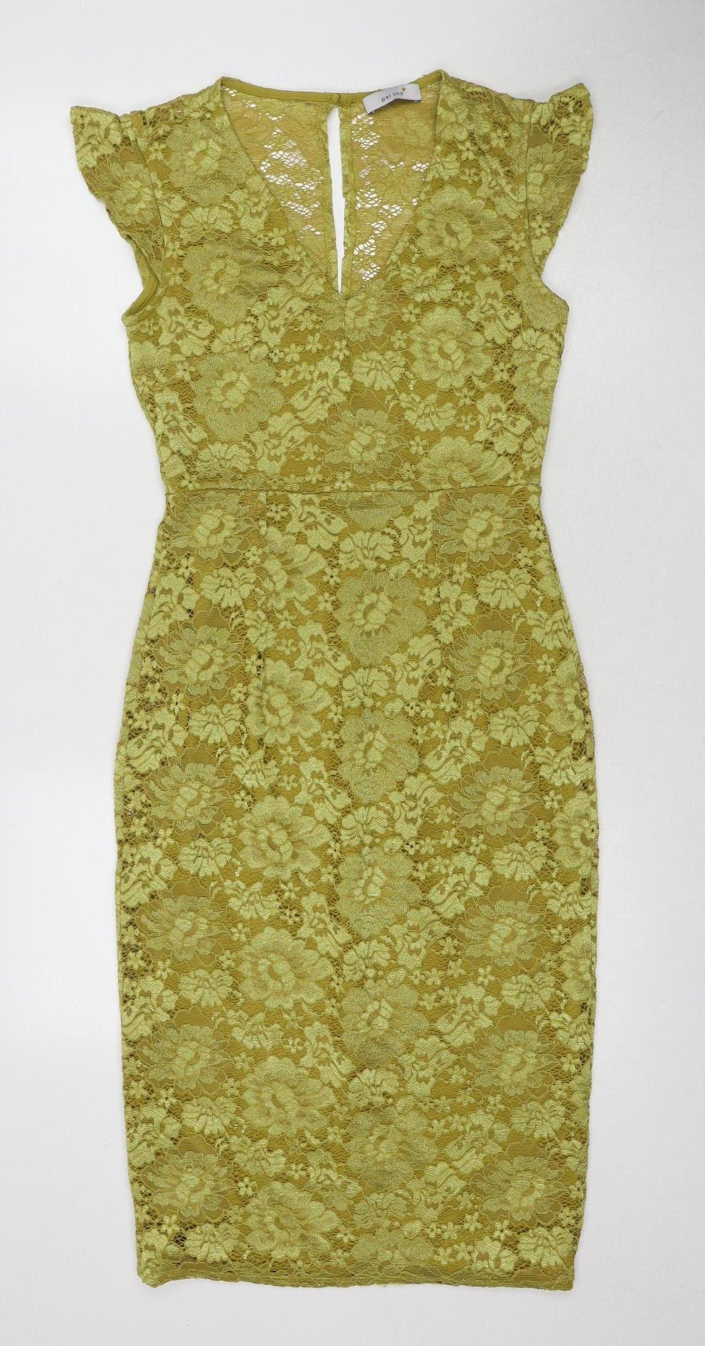 Marks and Spencer Women's Green Lace Dress - Size 8