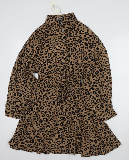 Hot Fashion Women's Brown Animal Print Shirt Dress S