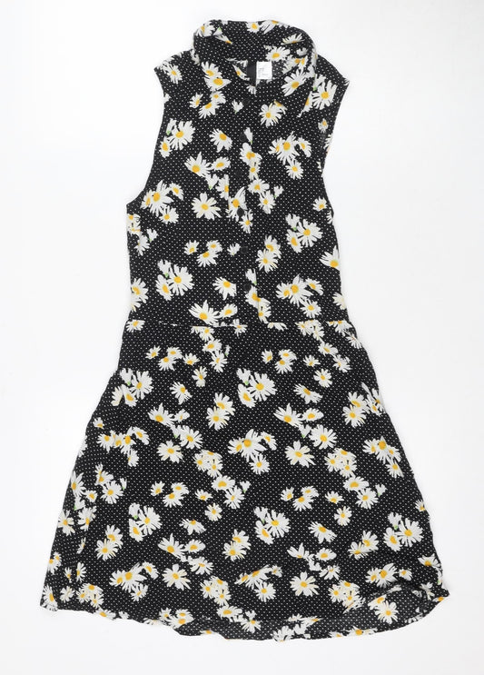 H&M Women Black Floral A-Line Dress Size 8 Sleeveless