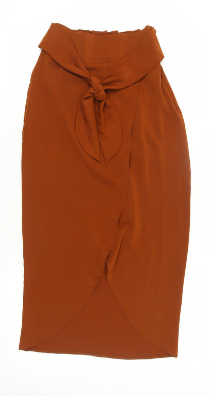 H&M Women's Brown Wrap Midi Skirt with Bow Accent, Size 10