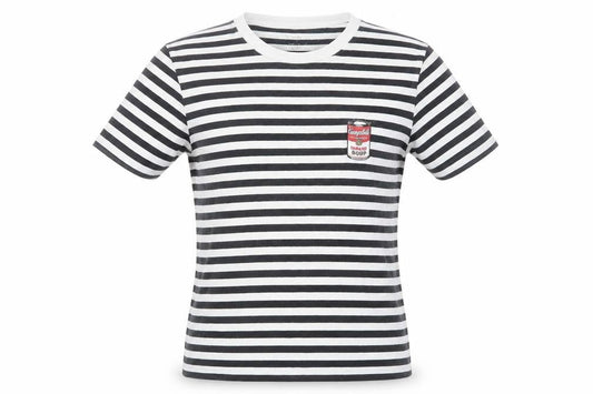 Front view of SPZ NY unisex black striped ringer t-shirt s