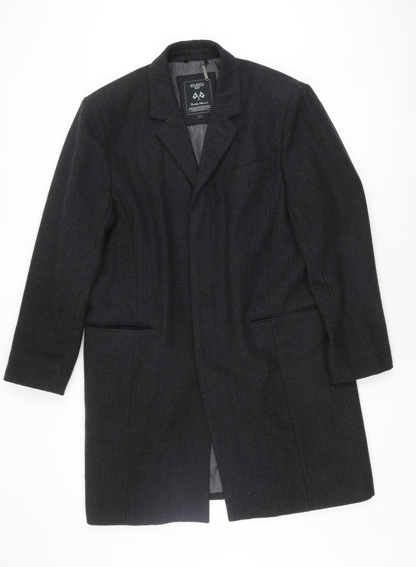 Atlantic Bay Men's Grey Check Blazer, Size L, Wool Blend