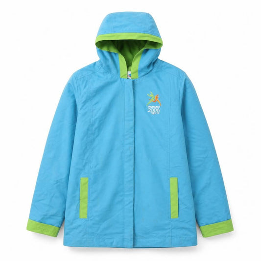 Front view of Team 2006 Blue unisex rain jacket m sports logo