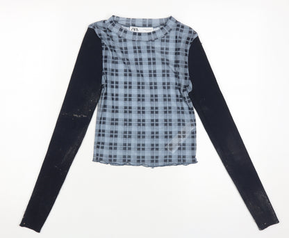 Zara Women's Blue Check Cropped Top, Size M, Long Sleeve