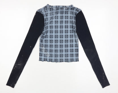 Zara Women's Blue Check Cropped Top, Size M, Long Sleeve