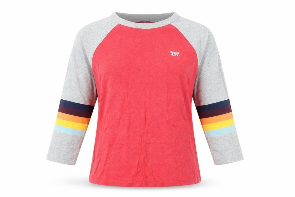 Front view of Superdry unisex red t-shirt, size 4, long sleeve