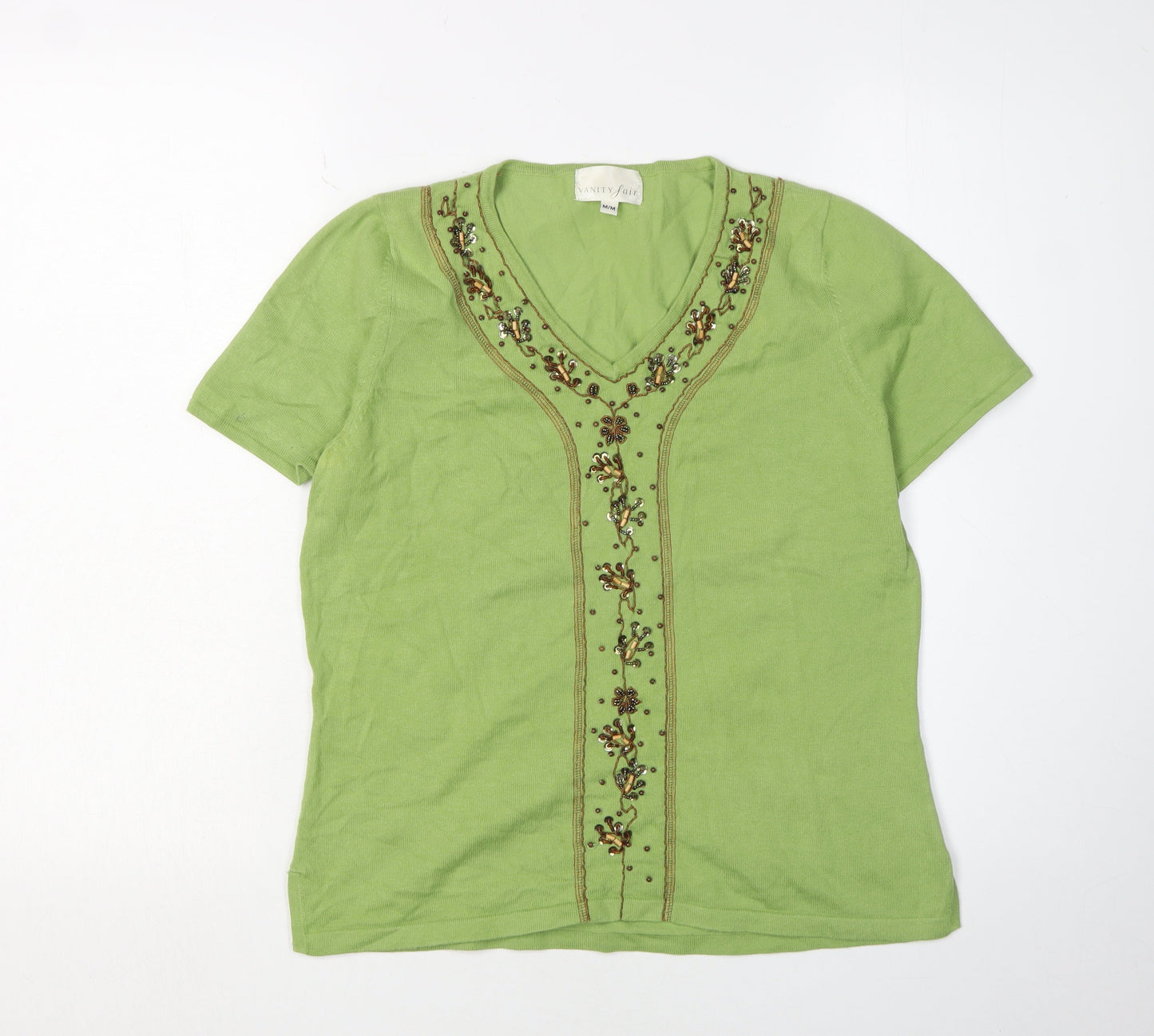 Vanity Fair Women’s Green Beaded V-Neck T-Shirt M