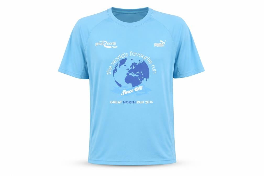 Front view of Puma unisex blue running t-shirt m lightweight logo