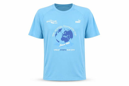 Front view of Puma unisex blue running t-shirt m lightweight logo