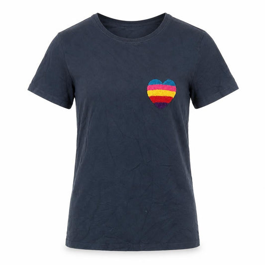 Front view of Red Herring Women's Blue Rainbow Heart T-Shirt, size 8