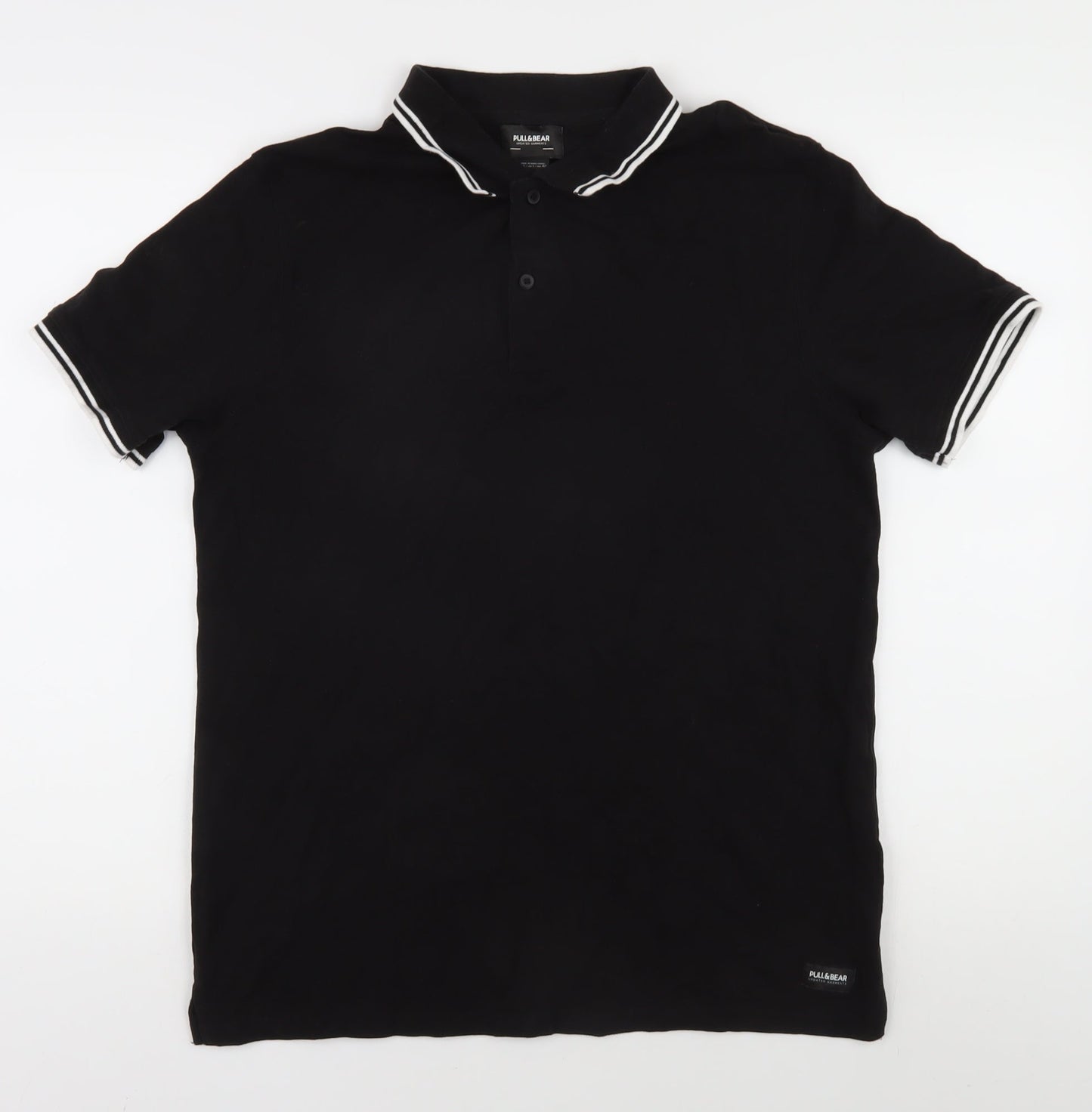 Pull&Bear Men's Black Polo, L, Cotton, Short Sleeve