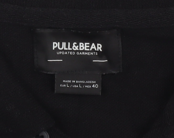 Pull&Bear Men's Black Polo, L, Cotton, Short Sleeve