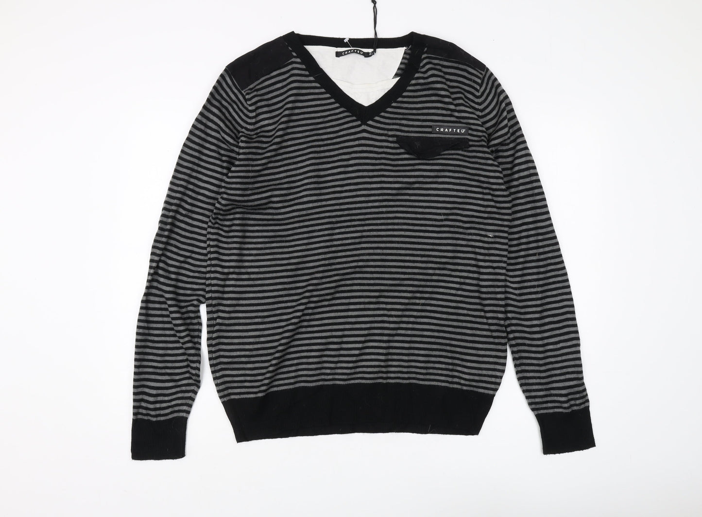 Crafted Men's Black 2XL V-Neck Striped Jumper