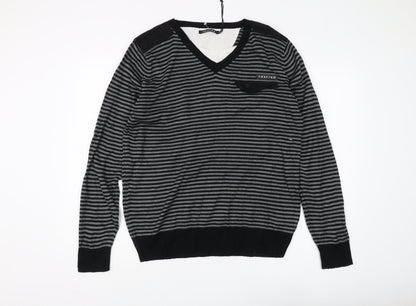 Crafted Men's Black 2XL V-Neck Striped Jumper