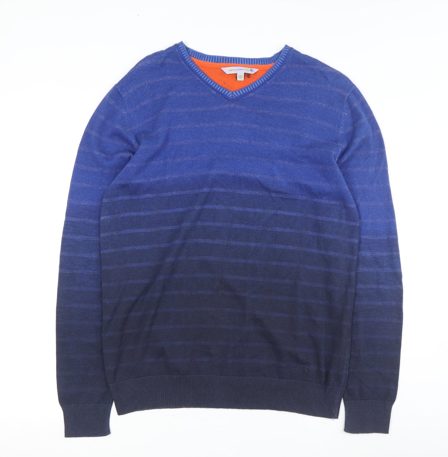 Fat Face Men's Blue Wool V-Neck Striped Pullover Jumper