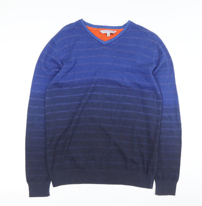 Fat Face Men's Blue Wool V-Neck Striped Pullover Jumper