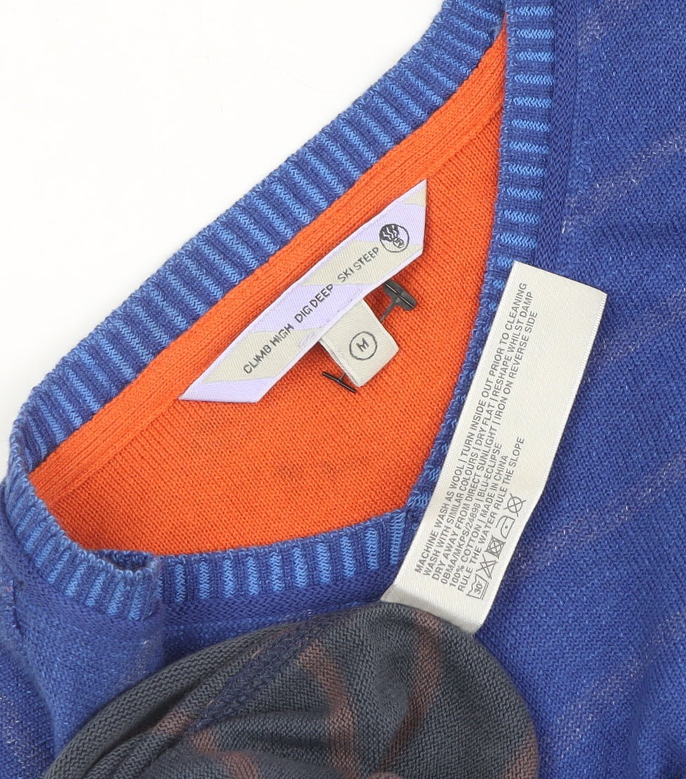 Fat Face Men's Blue Wool V-Neck Striped Pullover Jumper