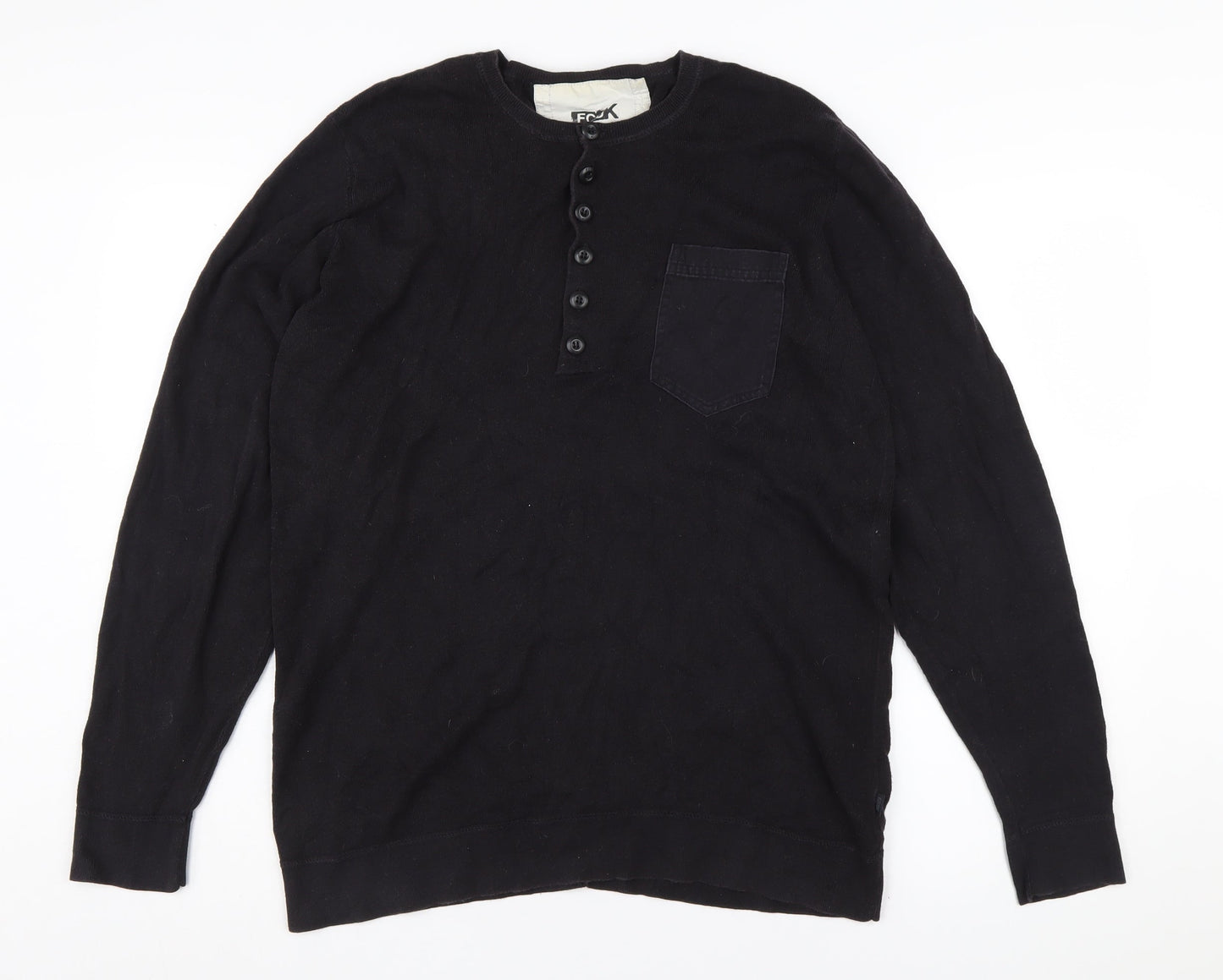 FCUK Men's Black Henley Jumper L, Cotton Knit